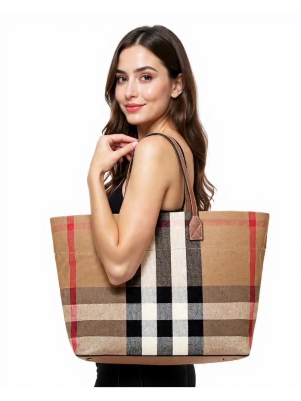 Burberry London Check Canvas Tote with Brown Leather Straps - Picture 4 of 13